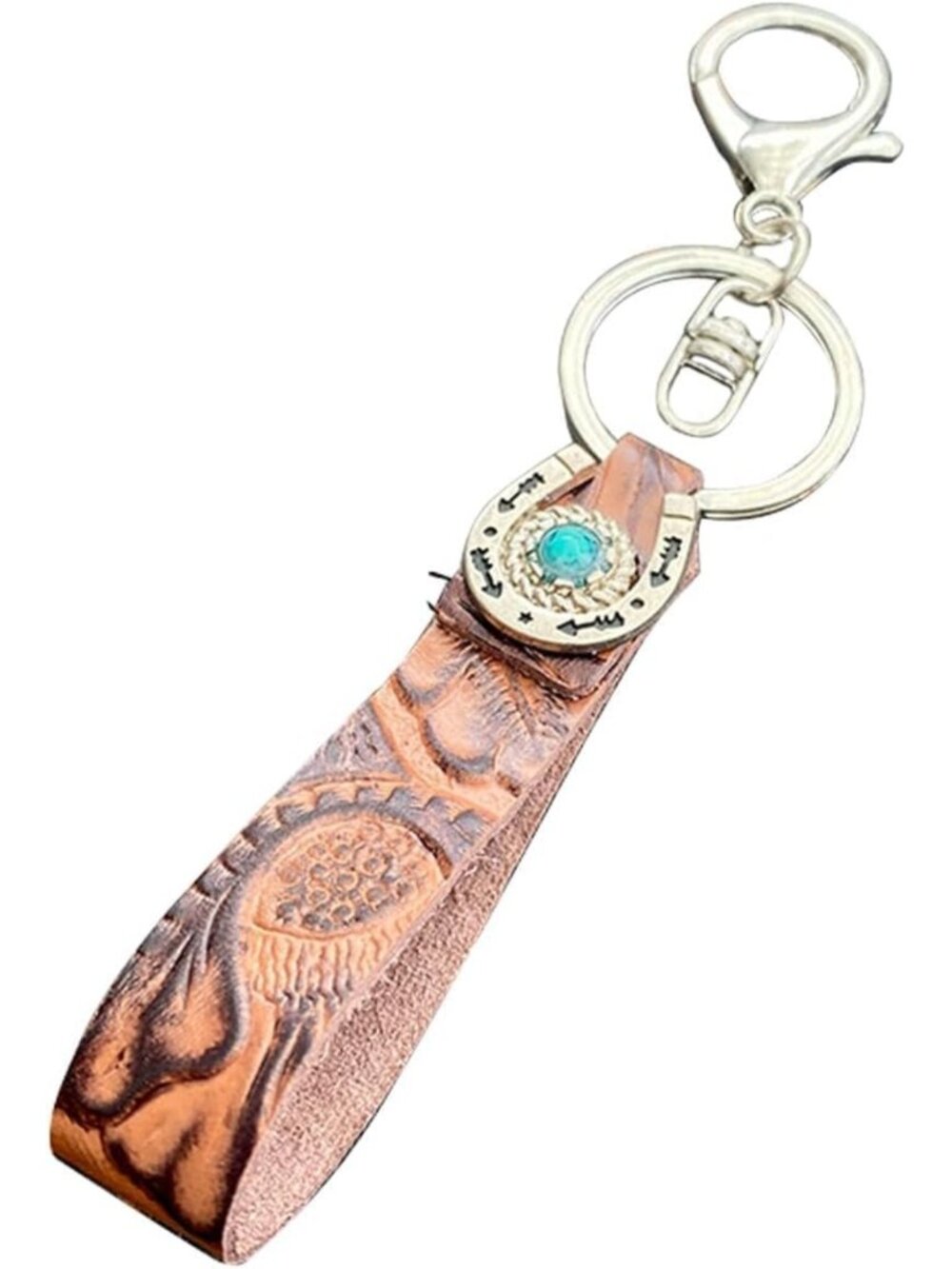 Vintage Embossed Cowhide Keychain - Brown Western Turquoise Horseshoe Lanyard